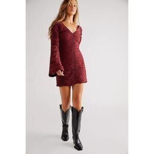New FREE PEOPLE Western Romance Long Sleeve Mini Dress  $448 X-SMALL Red